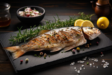 A grilled fish beautifully presented on a slate plate, accompanied by slices of fresh lemon. AI generated