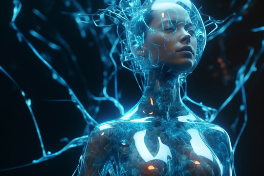 Technologies of the future and processes of cloning a living organism. Cloned woman in a digital cocoon.