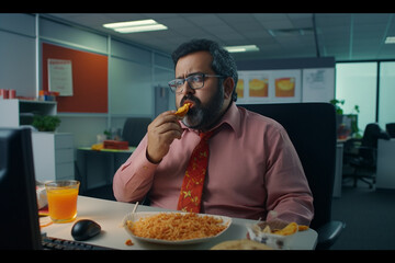 Businessman late at night eating a pizza in front of computer monitor in office.