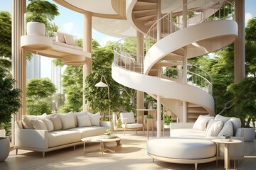 Fototapeta premium Loft interior design of modern living room open space. Spiral staircase, Wooden paneling and concrete walls. Plants. Created with generative AI