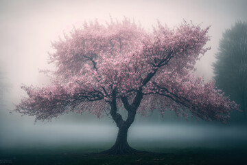 Fototapeta na wymiar Blooming sakura tree. Spring nature. Delicate pink flowes. Generative AI