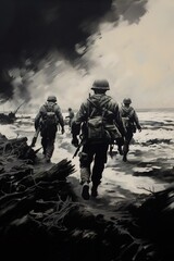 Charcoal sketch of D-Day invasion scene on June 6 1944 in Normandy. Ai generative art