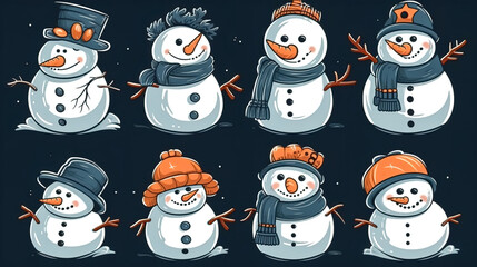 Set of snowmen on a dark background, generative AI.