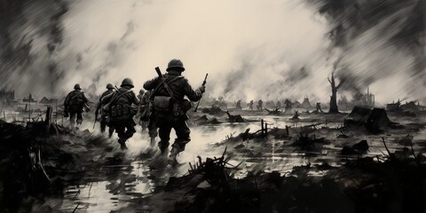 Charcoal sketch of D-Day invasion scene on June 6 1944 in Normandy. Ai generative art - 621923089