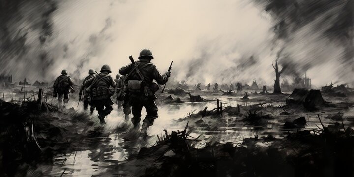 Charcoal sketch of D-Day invasion scene on June 6 1944 in Normandy. Ai generative art