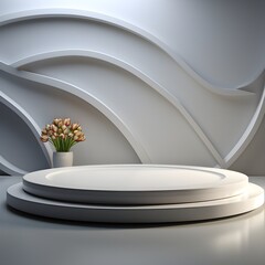 White podium with a vase of tulips. 3D rendering. Podium for product shoot. Minimal Display for product. AI Generative Illustration. 