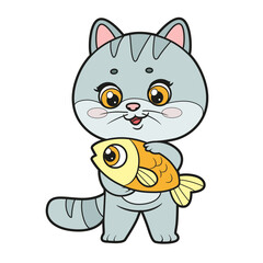 Cute cartoon kitten with fish pet color variation for coloring page on a white background