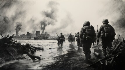 Charcoal sketch of D-Day invasion scene on June 6 1944 in Normandy. Ai generative art