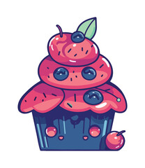 Cute cartoon cupcake icing and blueberries