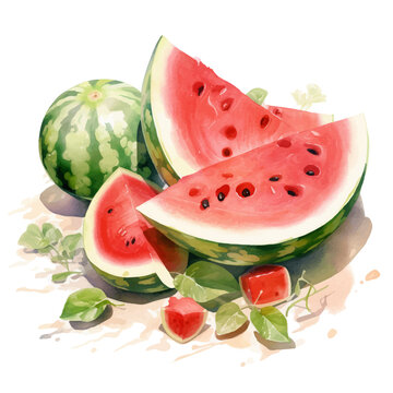 Vector watercolor illustration tasty watermelon sliced colorful isolated on white background.