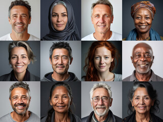 Fototapeta premium Collage of ethnically different happy people modern portraits, Success, smiling and happiness multicultural faces looking at camera, Human resource society database concept, globalization..