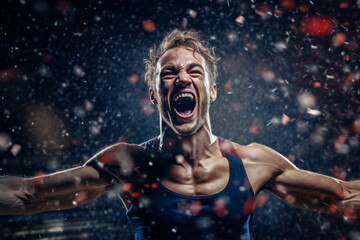 Portrait of champion athlete on stadium , emotions of a winner, joy, delight, emotional, rain, splash drops