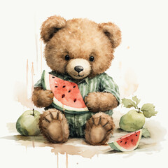 Teddy bear holds in its paws and eats a slice of watermelon watercolor illustration isolated on a white background.