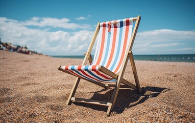 An orange and white striped lawn chair on a beach. AI