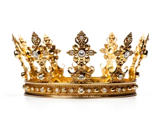 Tuinposter A king crown made of gold isolated on plain background. Decorated with precious stones. It is a symbol of the fame of a kingdom. © Aisyaqilumar