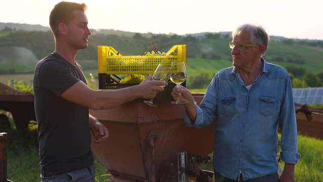 Father and adult son cheering together with white wine during sunset time with wineyard in the background
