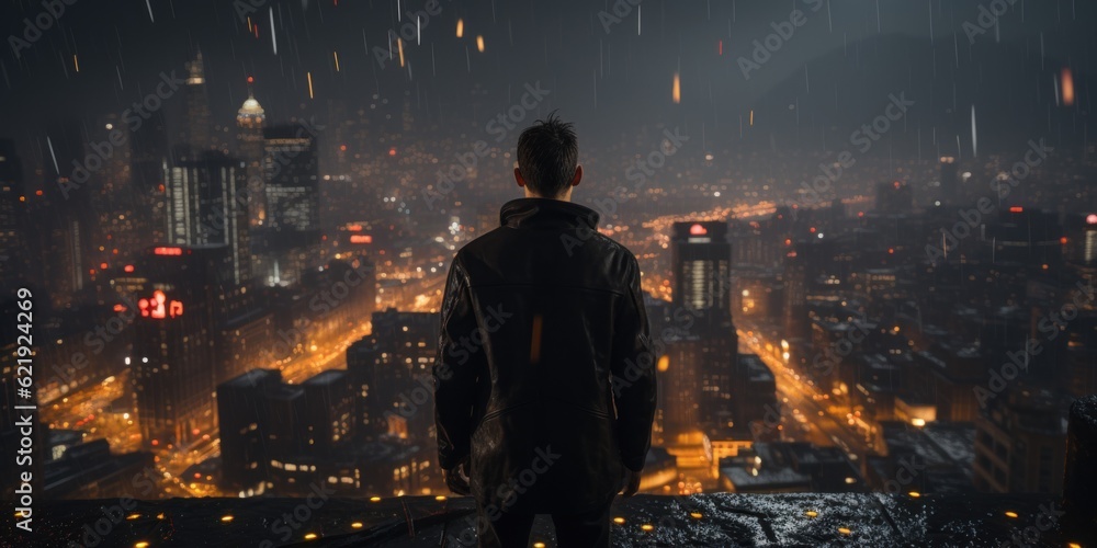 Aufkleber a man standing on top of a building in the rain. generative ai image.