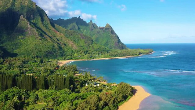 Aerial drone view of Haena Beach, aka Tunnels Beach, Kauai, Hawaii, United States.