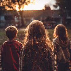 View from behind a group of young children watching the sunset in an urban neighbourhood.