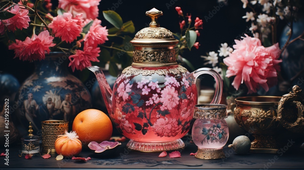 Aufkleber a table topped with vases filled with flowers and fruit. generative ai image.