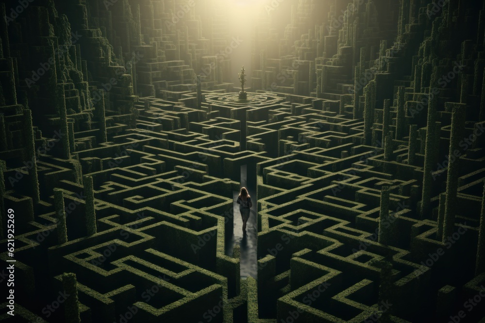 Poster a man walking through a maze in the middle of a forest. generative ai image.