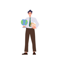 Man geography teacher cartoon character holding earth globe and books standing isolated on white