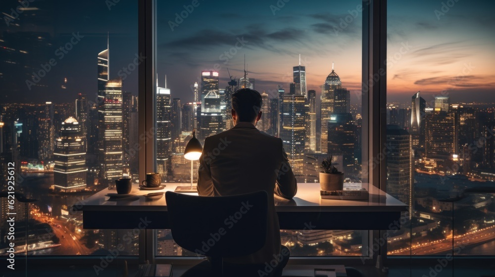 Poster a man sitting at a desk in front of a window. generative ai image.