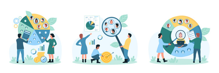 Audience segmentation and analysis set vector illustration. Cartoon tiny people research human resources for brand positioning, divide different potential customers into focus group pie chart - obrazy, fototapety, plakaty