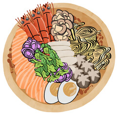 Shabu set in hotpot. Creative with illustration in flat design,watercolor.