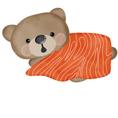 Cute brown bear lying on sushi cover with fresh salmon.Creative with illustration in flat design,watercolor.