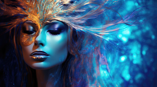 Fototapeta portrait of a woman with golden mask and blue spiritual energy connecting to the divine.