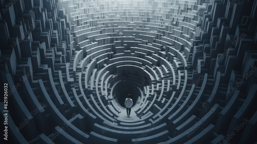 Poster a person walking through a maze like structure. generative ai image.