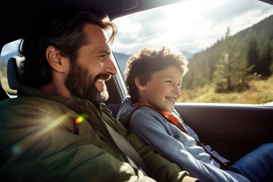 Happy family of father and son enjoying road trip together, AI Generative