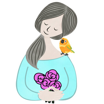 recommend clip art: Woman and Adorable parrot,Sun conure and Cockatiel (Nymphicus hollandicus).Cute pet.Creative with illustration in flat design