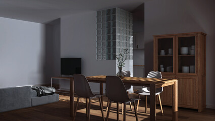 Dark late evening scene, modern scandinavian dining and living room. Wooden table with chairs, glass block wall. Cabinets and sofa. Minimal interior design