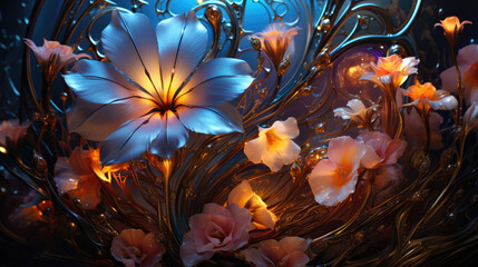 Close up Abstract, fantasy flowers with luminescent lighting within the flowers at night