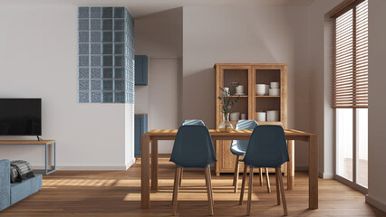 Scandinavian dining and living room in white and blue tones. Wooden table with chairs, glass block wall. Cabinets and sofa. Japandi interior design