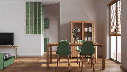 Scandinavian dining and living room in white and green tones. Wooden table with chairs, glass block wall. Cabinets and sofa. Japandi interior design