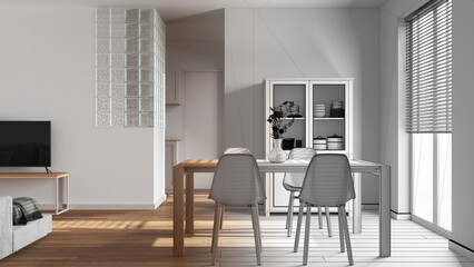 Architect interior designer concept: hand-drawn draft unfinished project that becomes real, scandinavian dining and living room. Glass block wall. Japandi style