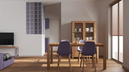 Scandinavian dining and living room in white and purple tones. Wooden table with chairs, glass block wall. Cabinets and sofa. Japandi interior design