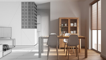 Architect interior designer concept: hand-drawn draft unfinished project that becomes real, scandinavian dining and living room. Glass block wall. Japandi style