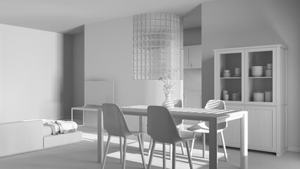 Fototapeta premium Total white project draft, japandi wooden dining and living room Table with chairs, glass block wall over kitchen. Cabinets and sofa. Minimal interior design