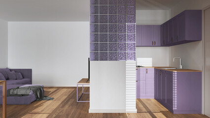 Modern scandinavian kitchen and living room in white and purple tones. Velvet sofa, glass block wall. Cabinets and appliances. Minimal wooden interior design