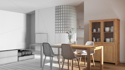 Architect interior designer concept: hand-drawn draft unfinished project that becomes real, japandi wooden dining and living room. Glass block wall over kitchen. Minimal style