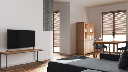 Wooden minimal dining and living room in gray and white tones. Velvet sofa, table with chairs, glass block wall. Cabinets and tv stand. Japandi interior design