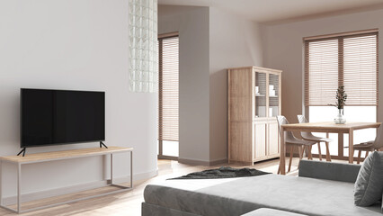 Bleached wooden minimal dining and living room in white tones. Velvet sofa, table with chairs, glass block wall. Cabinets and tv stand. Japandi interior design