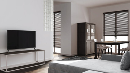 Dark wooden minimal dining and living room in white tones. Velvet sofa, table with chairs, glass block wall. Cabinets and tv stand. Japandi interior design