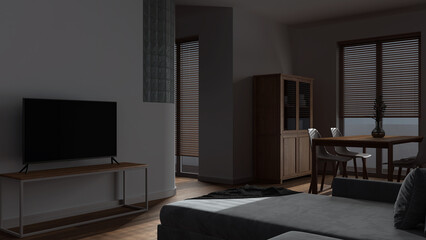 Fototapeta premium Dark late evening scene, wooden minimal dining and living room. Velvet sofa, table with chairs, glass block wall. Cabinets and tv stand. Japandi interior design