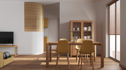 Minimal dining and living room in white and yellow tones. Wooden table with chairs, glass block wall over kitchen. Cabinets and sofa. Scandinavian modern interior design