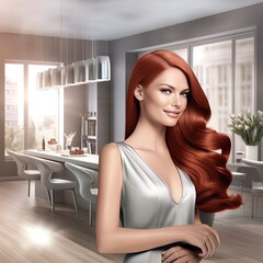Fototapeta na wymiar Gorgeous redhead woman with amazing hair. Great for articles about beauty, hair fashion, salon, cosmetics, skin care, hair care, hair products, fashion, trends, grooming etc.